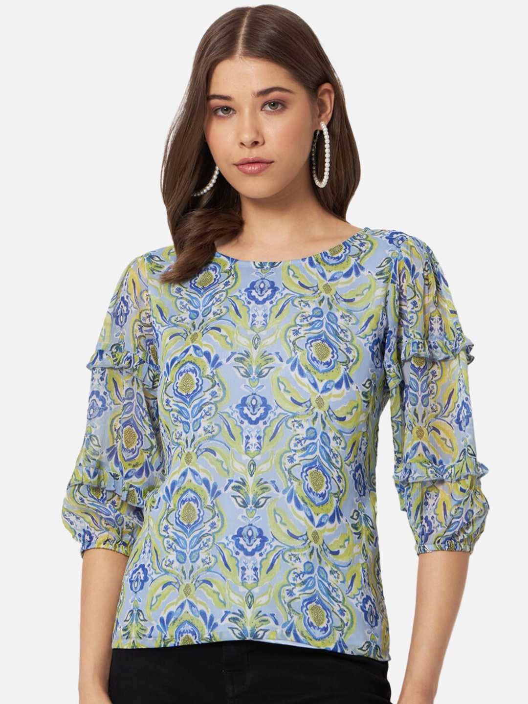 

BAESD Ethnic Motif Printed Puff Sleeve Top, Blue