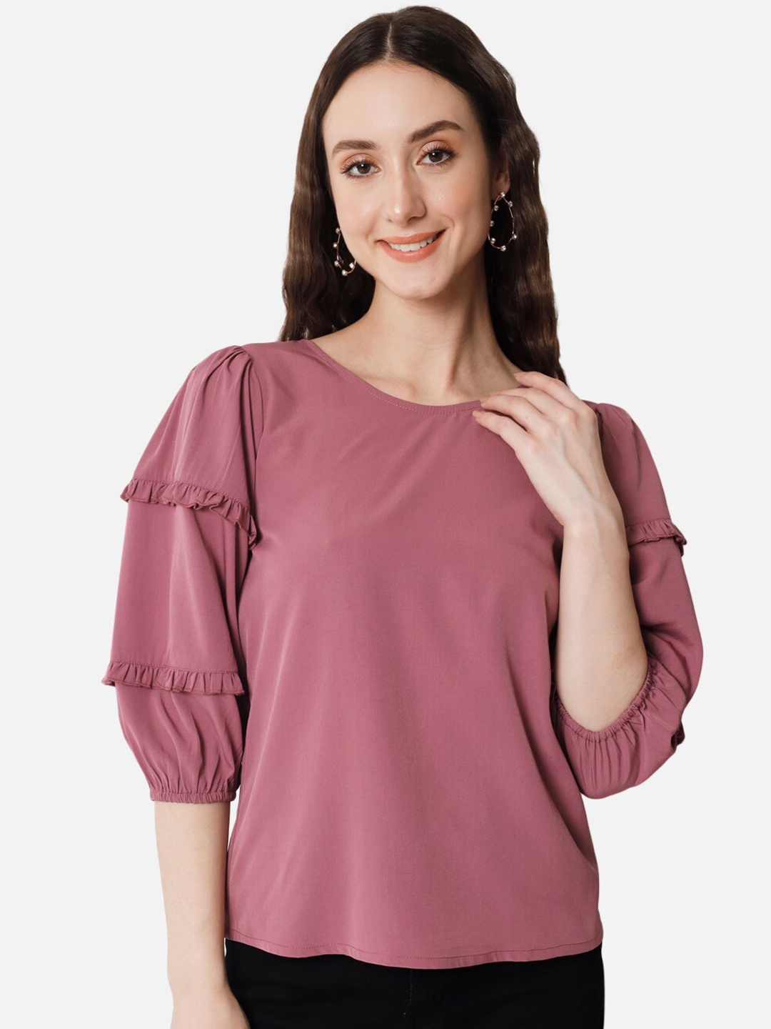 

BAESD Round Neck Puff Sleeves Top, Pink