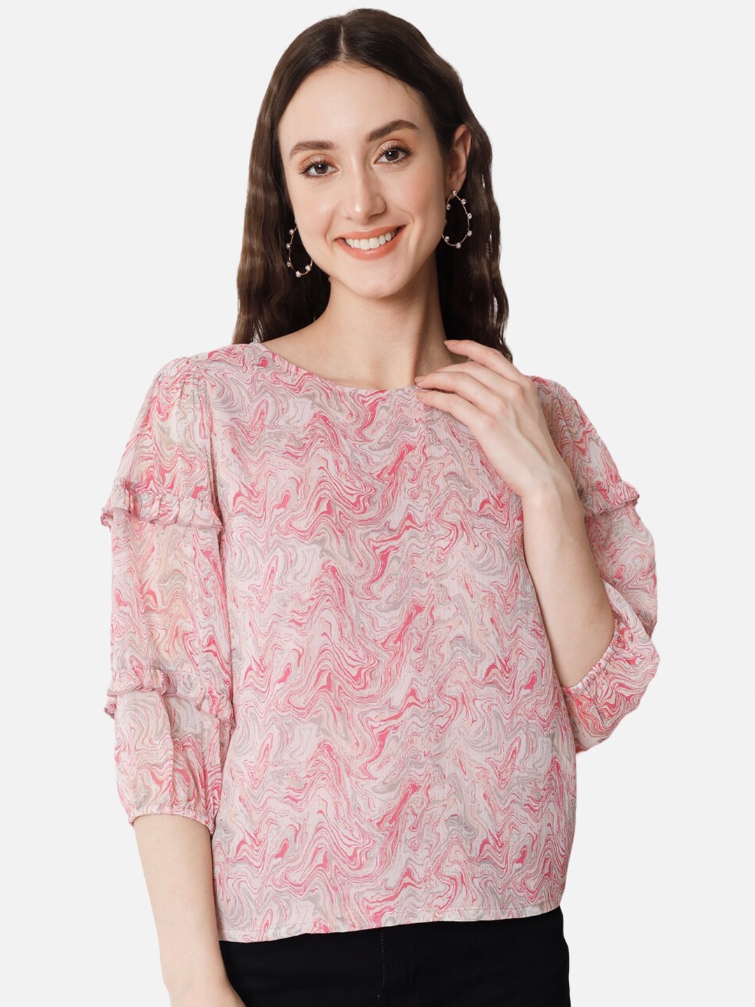 

BAESD Abstract Printed Puff Sleeves Georgette Top, Pink