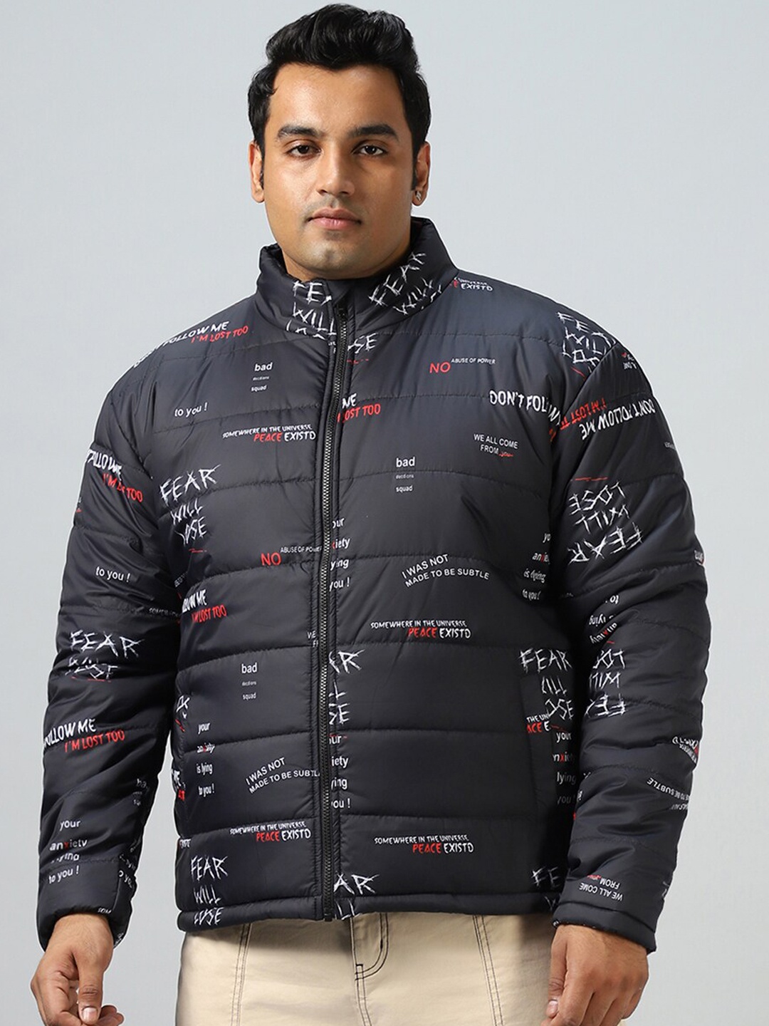 

Bewakoof Plus Size Typography Printed Stand Collar Oversized Puffer Jacket, Black