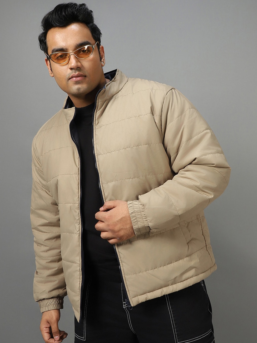 

Bewakoof Plus Size Beige Mock Collar Long Sleeves Puffer Jacket