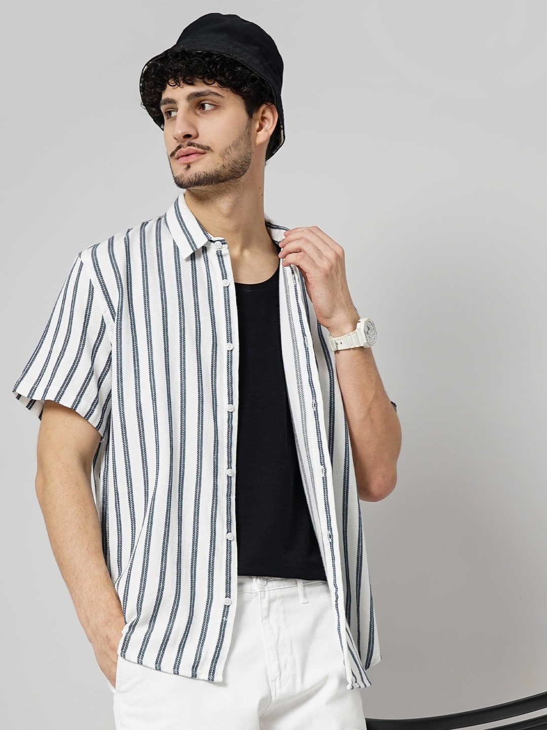

Celio Spread Collar Classic Striped Casual Cotton Shirt, White