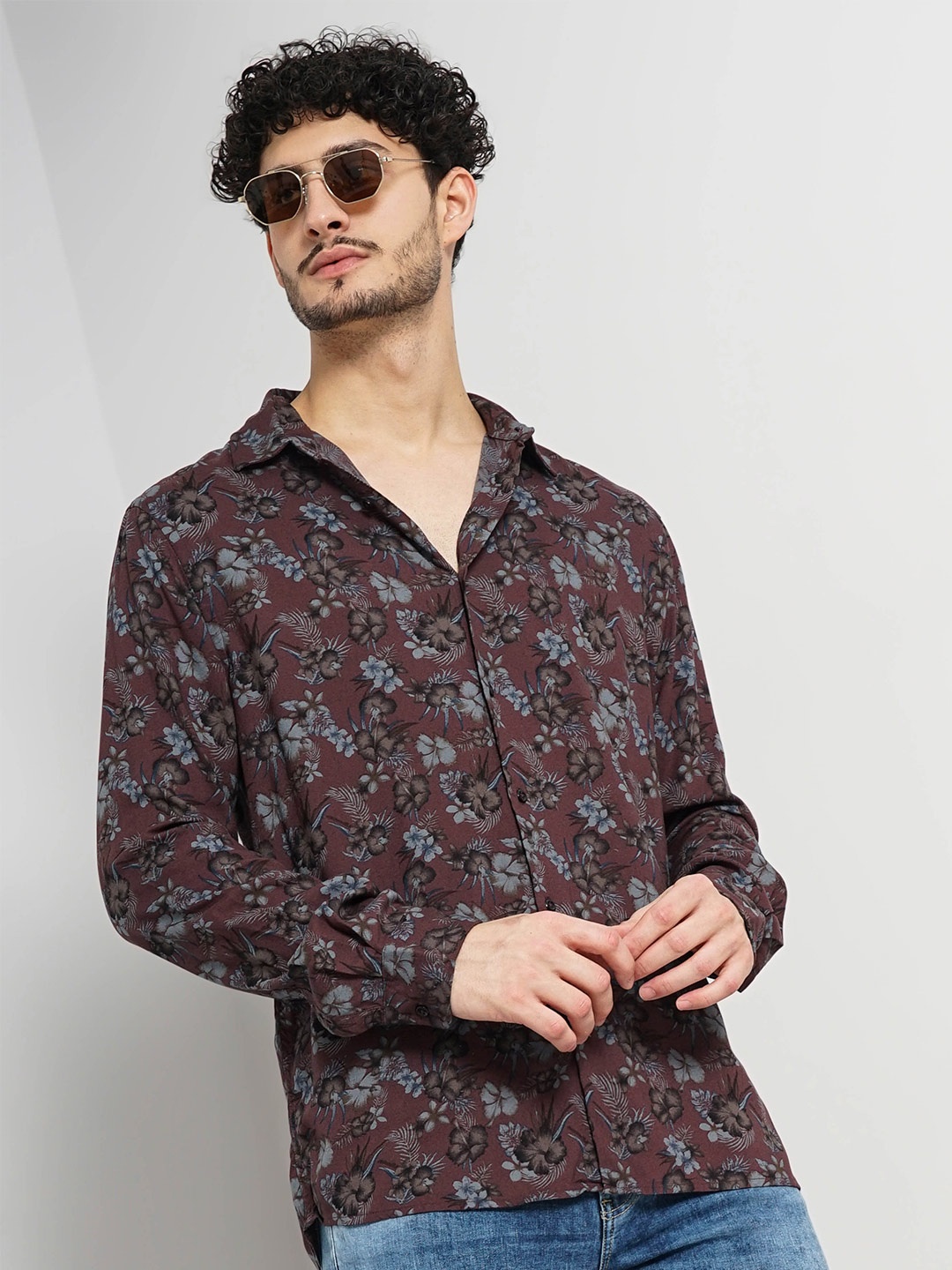 

Celio Spread Collar Classic Floral Printed Casual Shirt, Burgundy