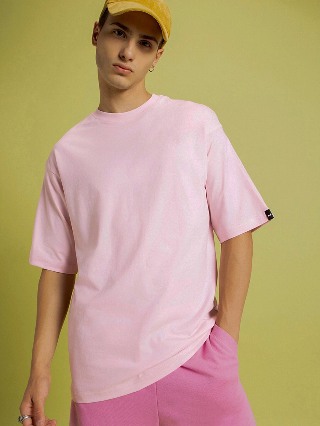 

Bewakoof Pink Round Neck Short Sleeves Pure Cotton Oversized T-shirt