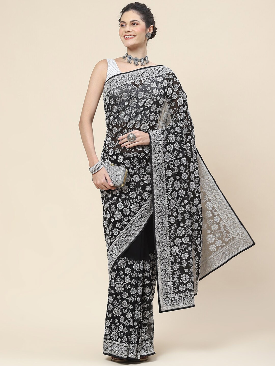

Meena Bazaar Floral Embroidered Saree, Black