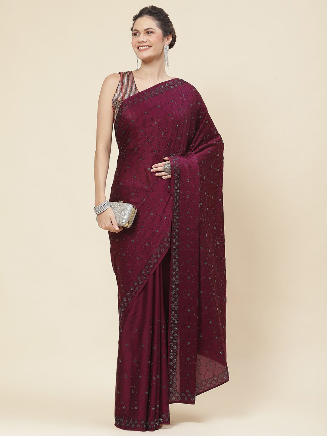 

Meena Bazaar Embellished Satin Saree, Burgundy