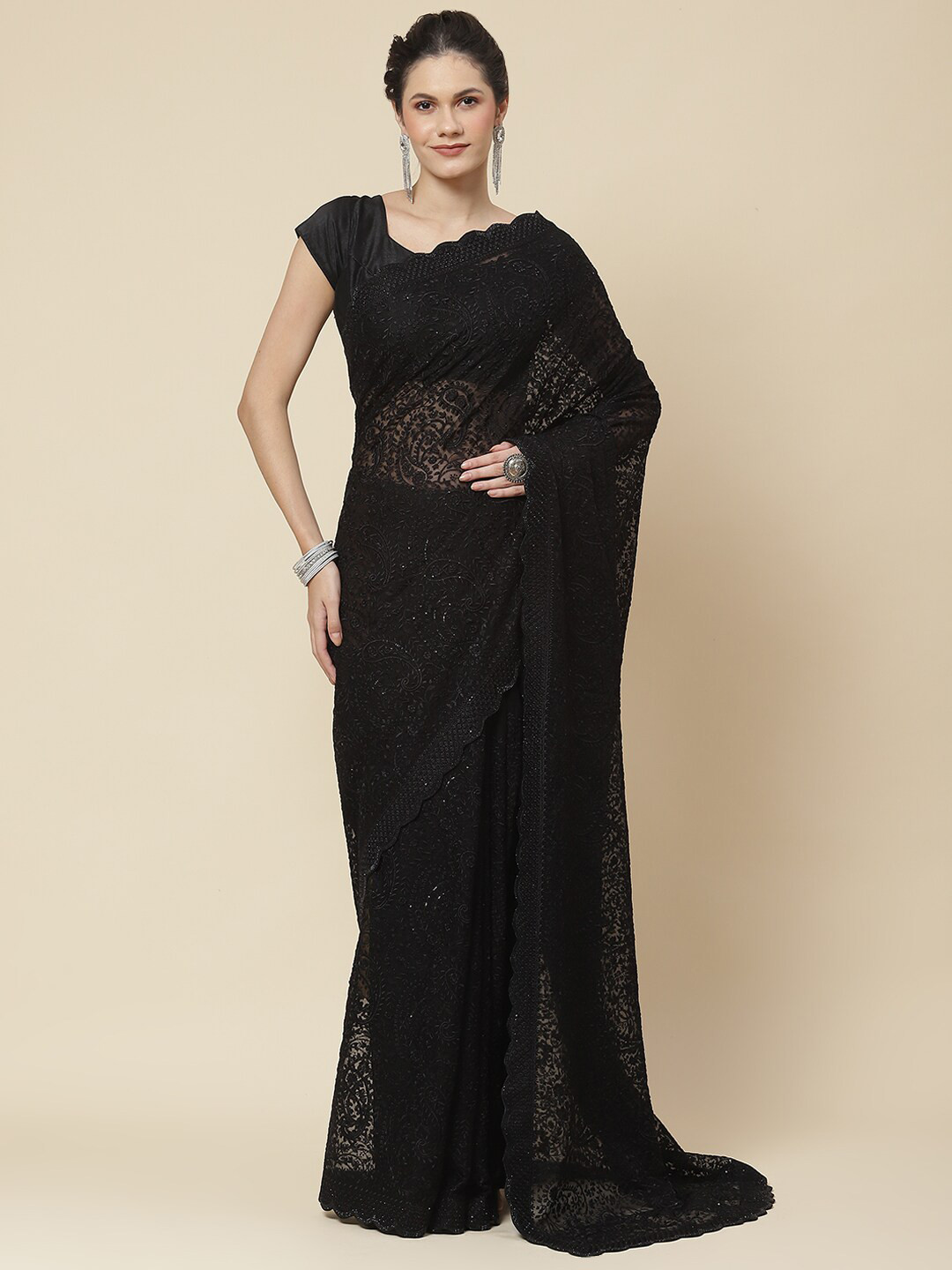 

Meena Bazaar Ethnic Motifs Embroidered Saree, Black