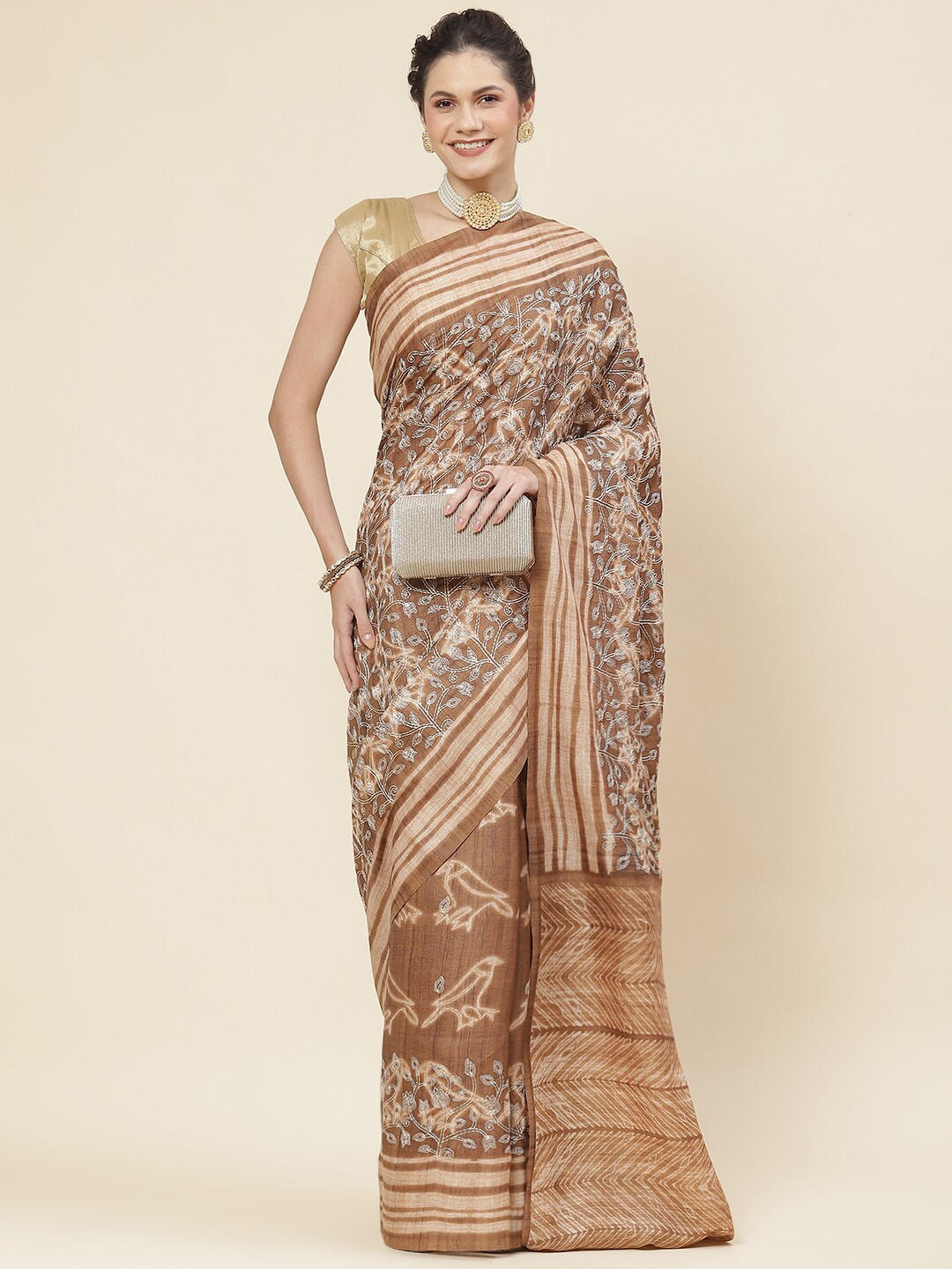 

Meena Bazaar Floral Printed Art Silk Saree, Beige