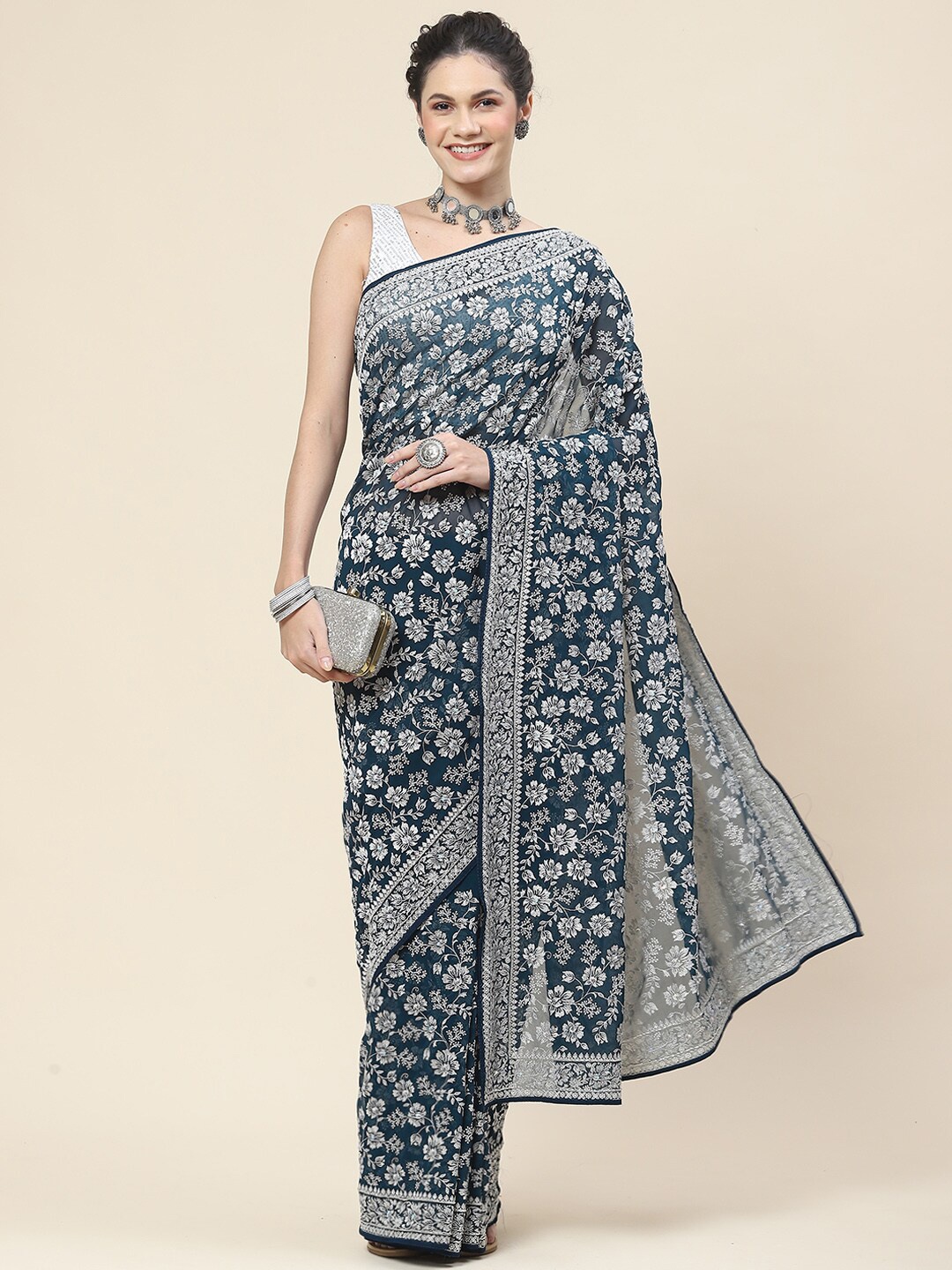 

Meena Bazaar Floral Embroidered Georgette Saree, Teal