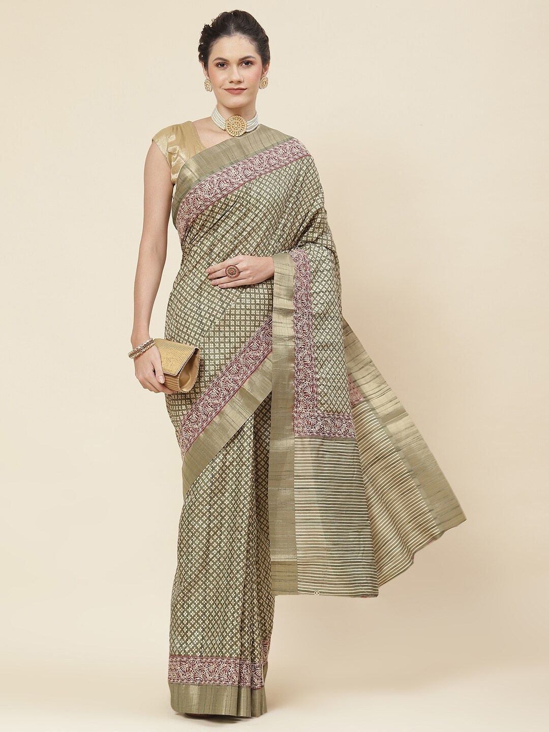 

Meena Bazaar Floral Embroidered Tussar Saree, Green
