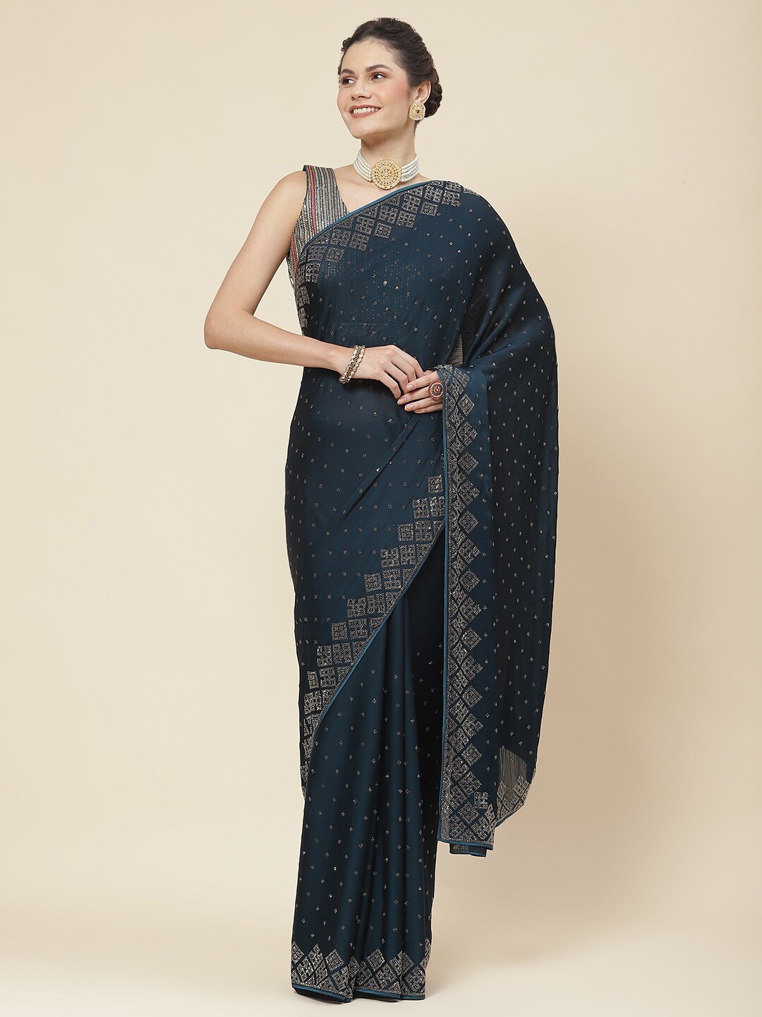 

Meena Bazaar Ethnic Motifs Embellished Beads And Stones Saree, Teal