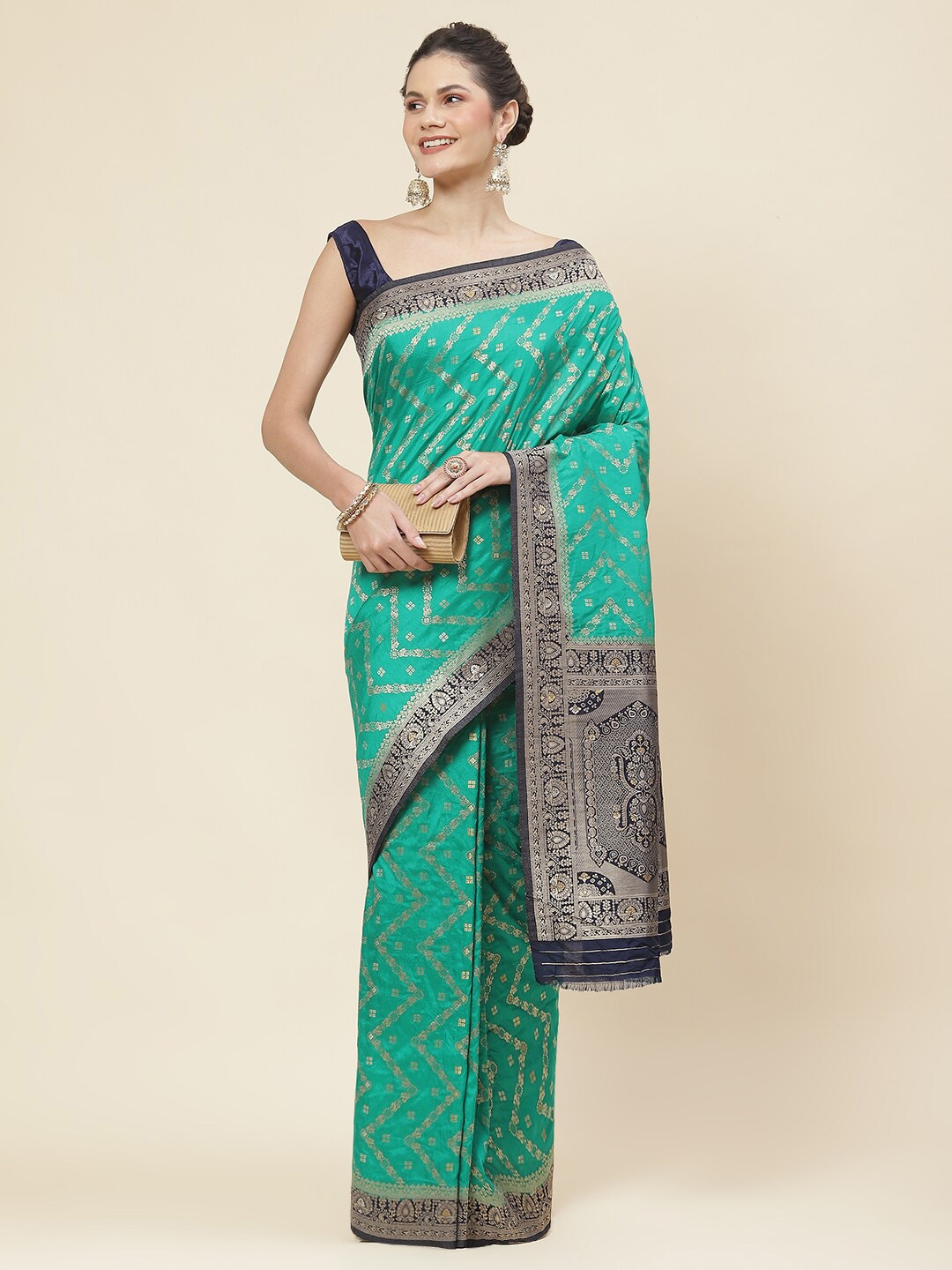 

Meena Bazaar Ethnic Motifs Woven Designed Zari Saree, Sea green