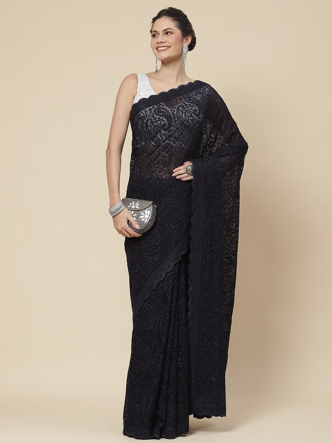 

Meena Bazaar Floral Embroidered Saree, Navy blue