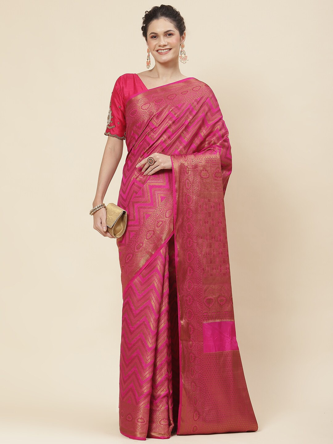 

Meena Bazaar Ethnic Motifs Woven Design Zari Saree, Magenta