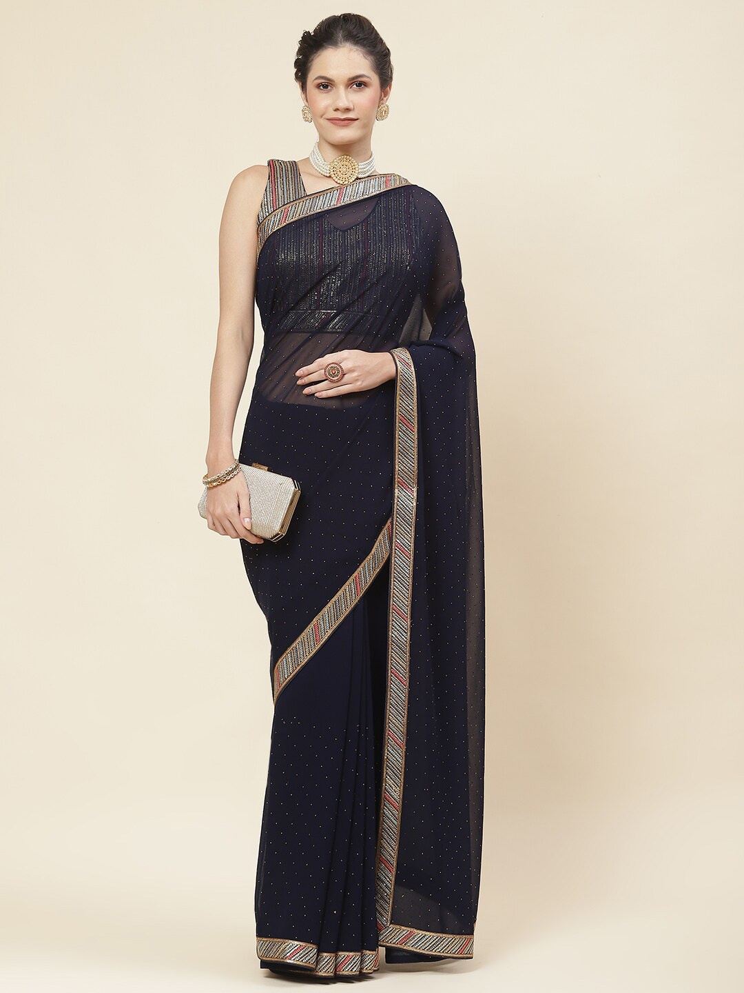 

Meena Bazaar Embroidered Zari Detailed Saree, Navy blue