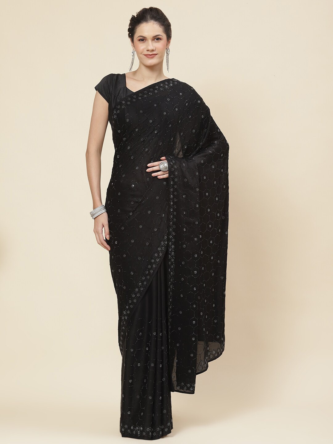 

Meena Bazaar Ethnic Motifs Embellished Sequinned Satin Saree, Black