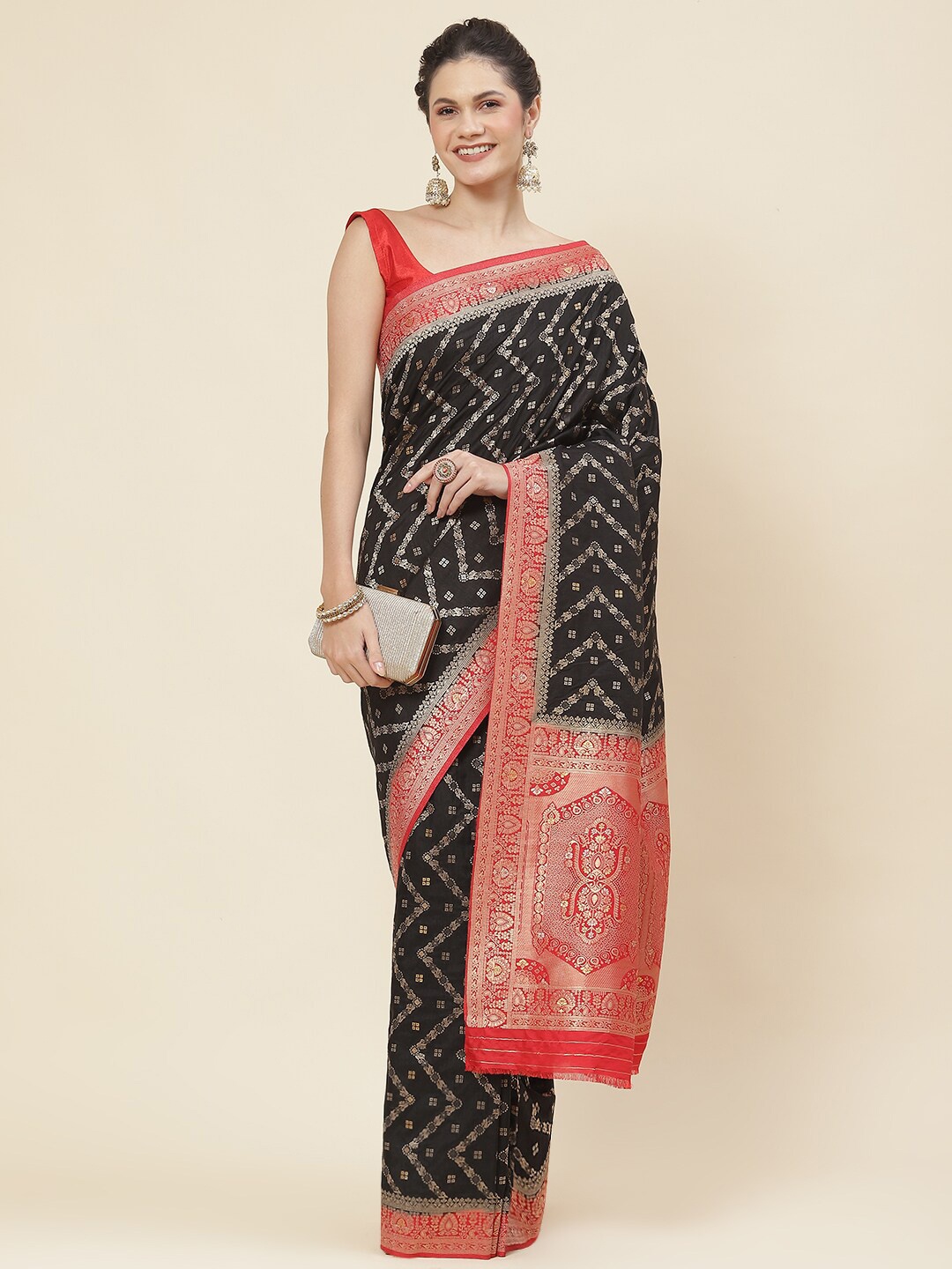 

Meena Bazaar Ethnic Motifs Printed Zari Detailed Saree, Black