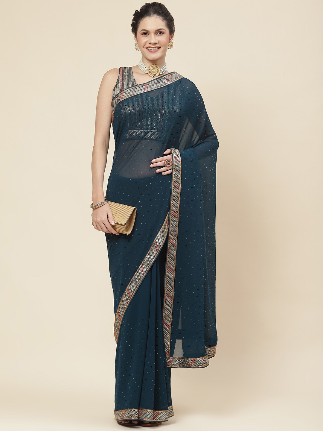 

Meena Bazaar Embellished & Embroidered Georgette Saree, Teal