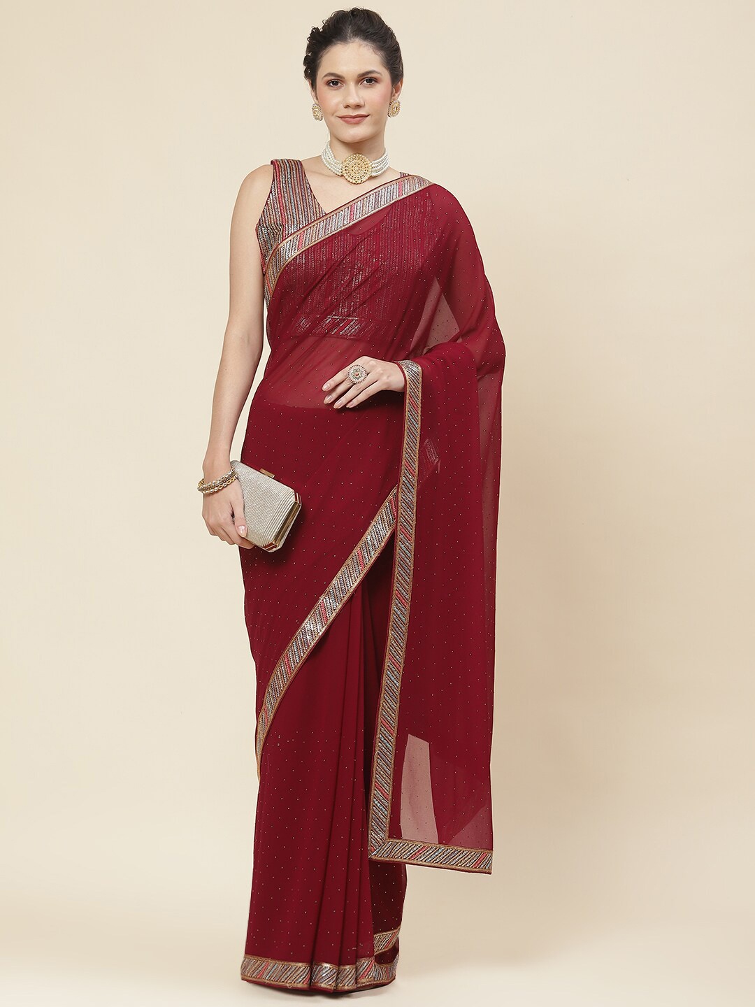 

Meena Bazaar Embellished Party Wear Saree, Burgundy
