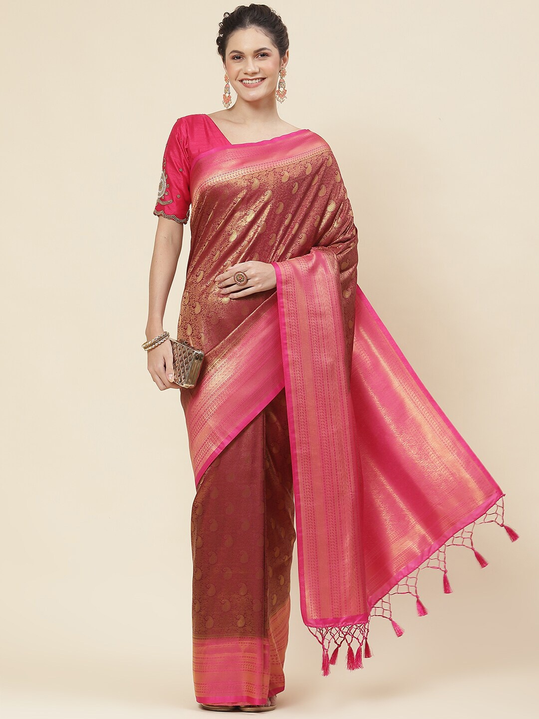

Meena Bazaar Ethnic Motifs Woven Designed Saree, Burgundy