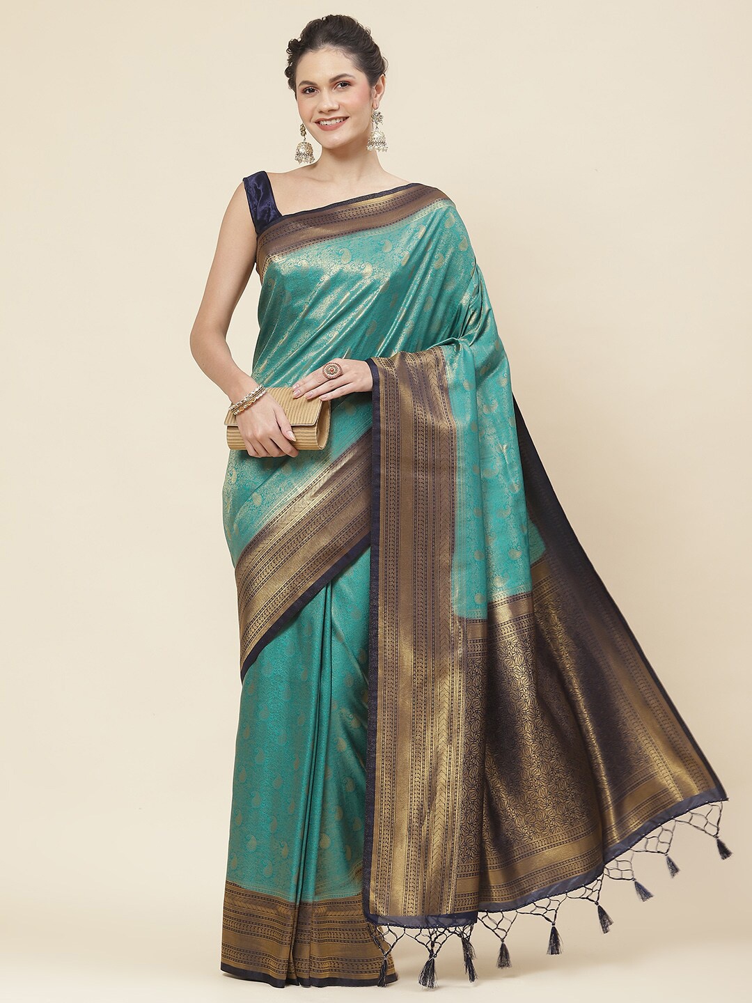 

Meena Bazaar Paisley Woven Design Tasseled Zari Art Silk Saree, Sea green