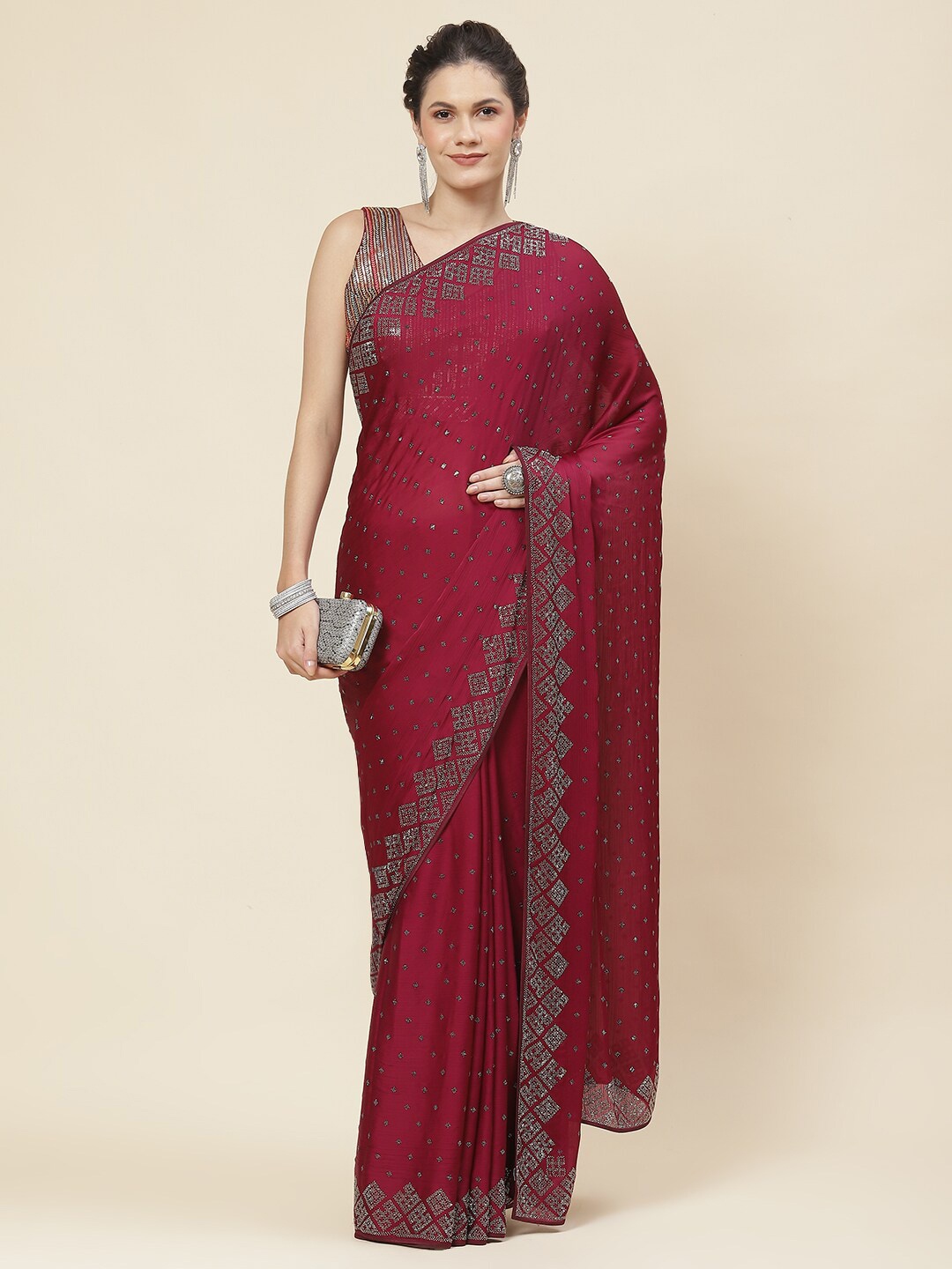 

Meena Bazaar Embellished Party Wear Saree, Burgundy