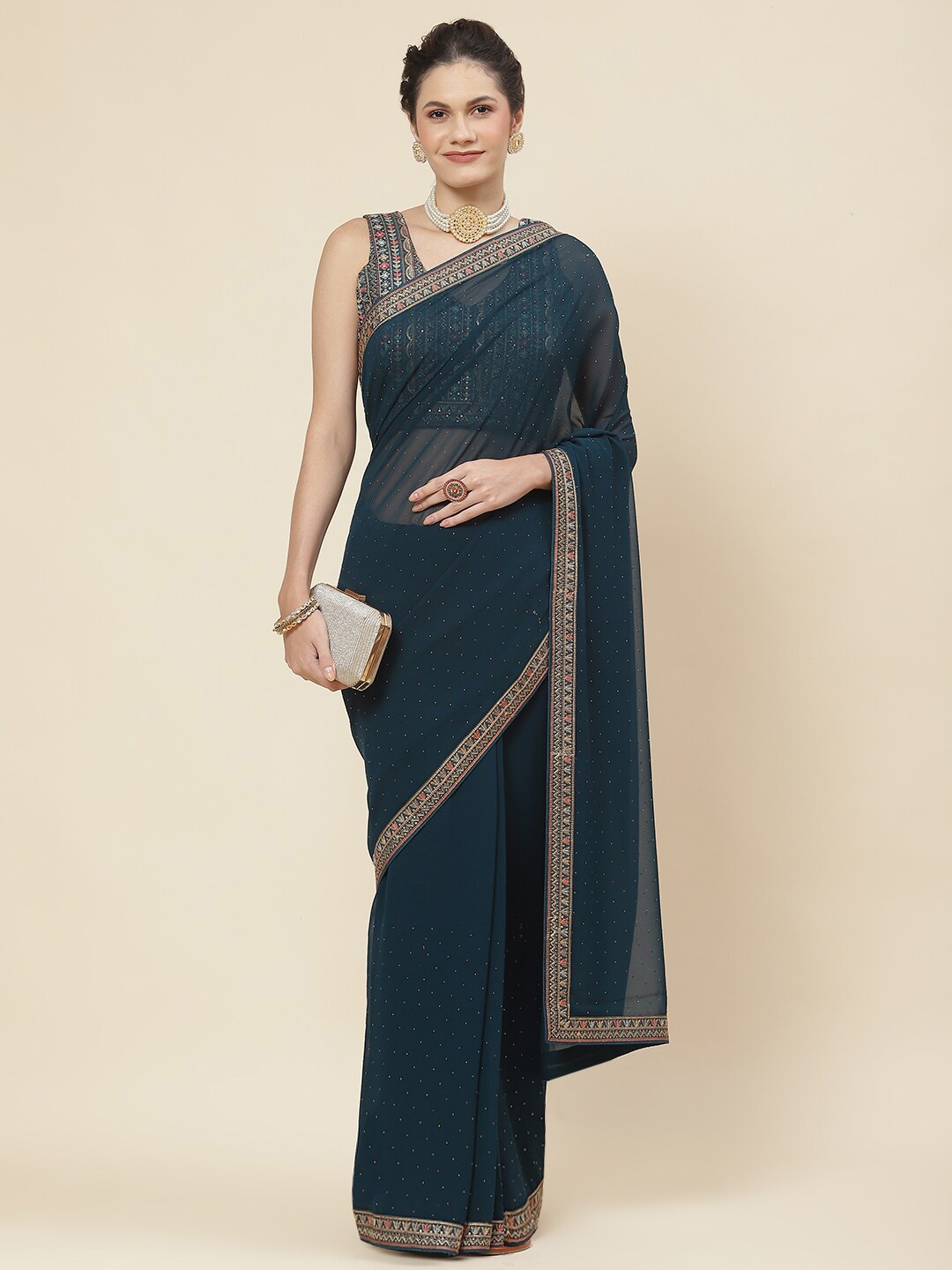 

Meena Bazaar Embroidered Zari Detailed Saree, Teal