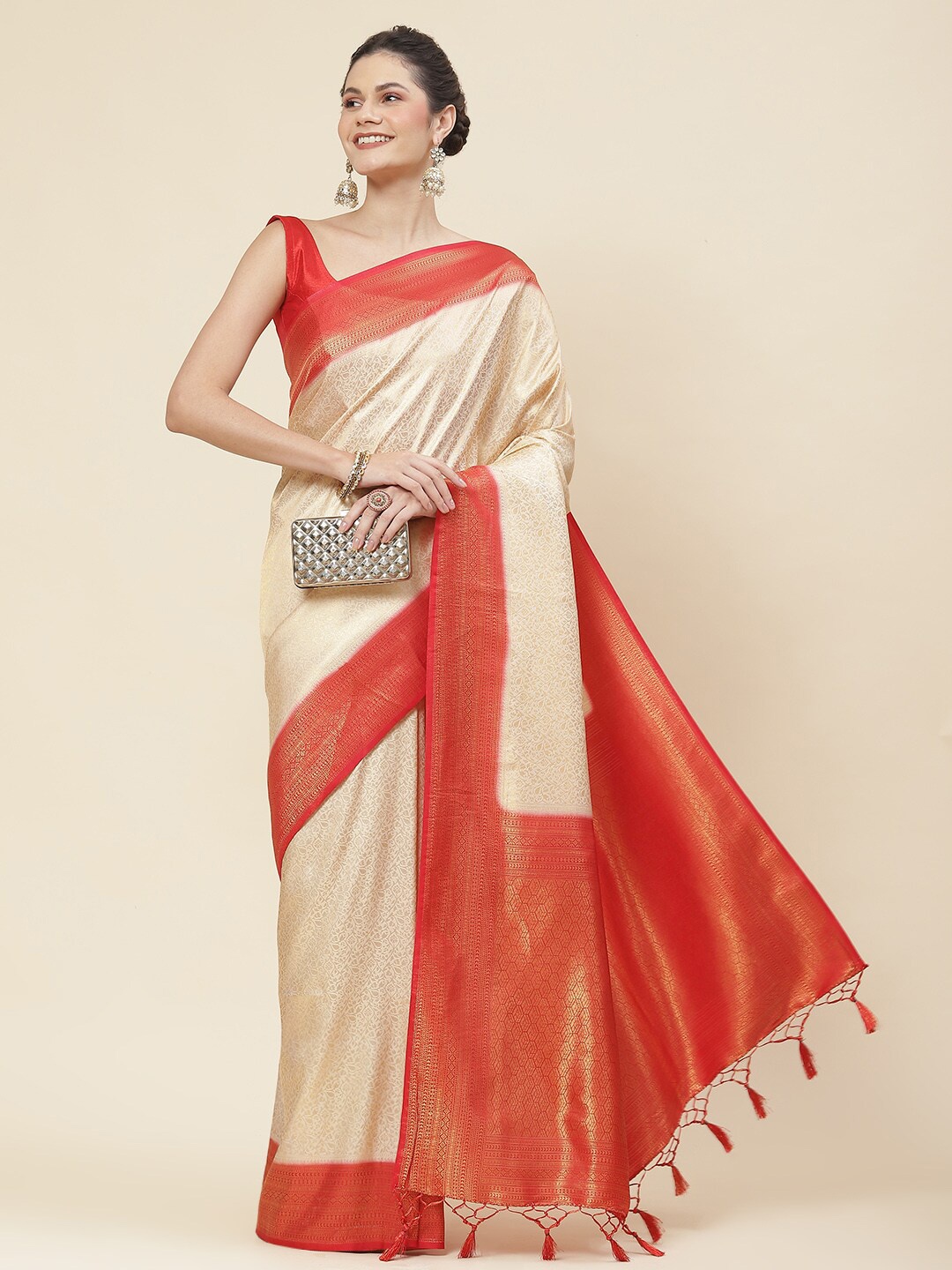 

Meena Bazaar Ethnic Motifs Woven Designed Saree, Beige