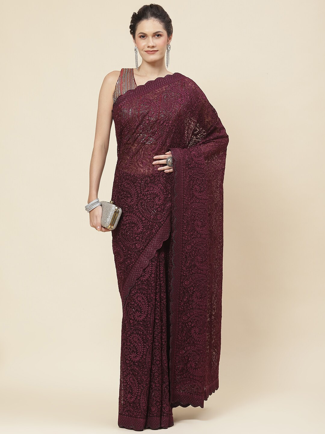 

Meena Bazaar Paisley Embroidered Sequinned Poly Chiffon Saree, Burgundy