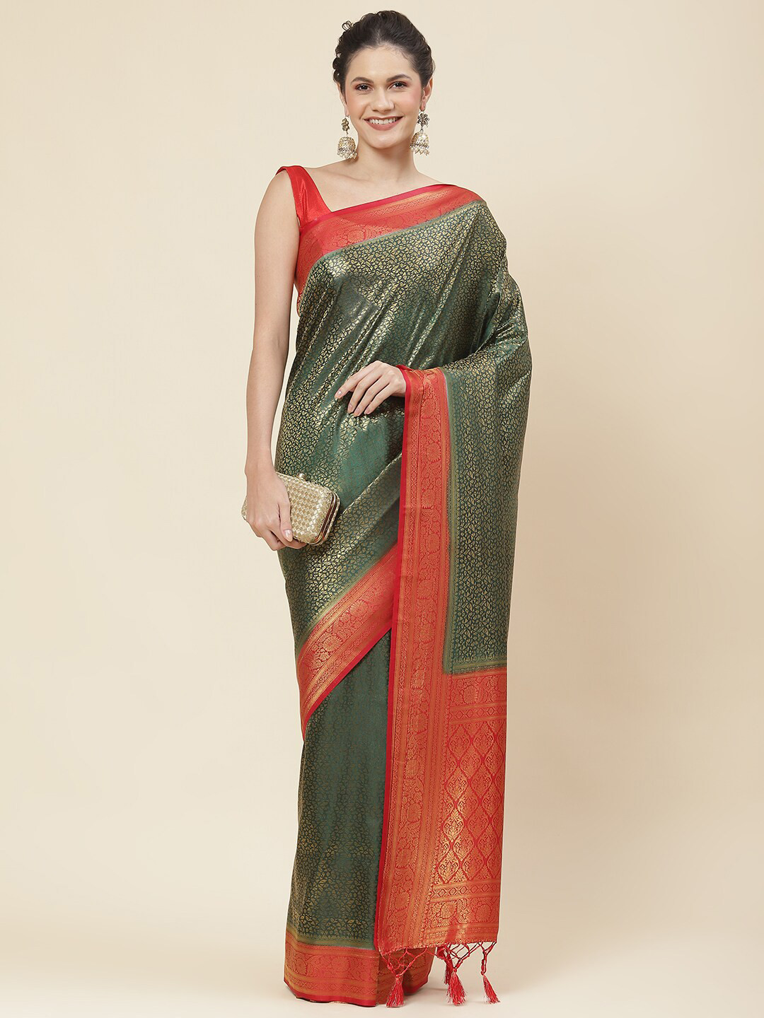 

Meena Bazaar Ethnic Motifs Woven Design Zari Saree, Green