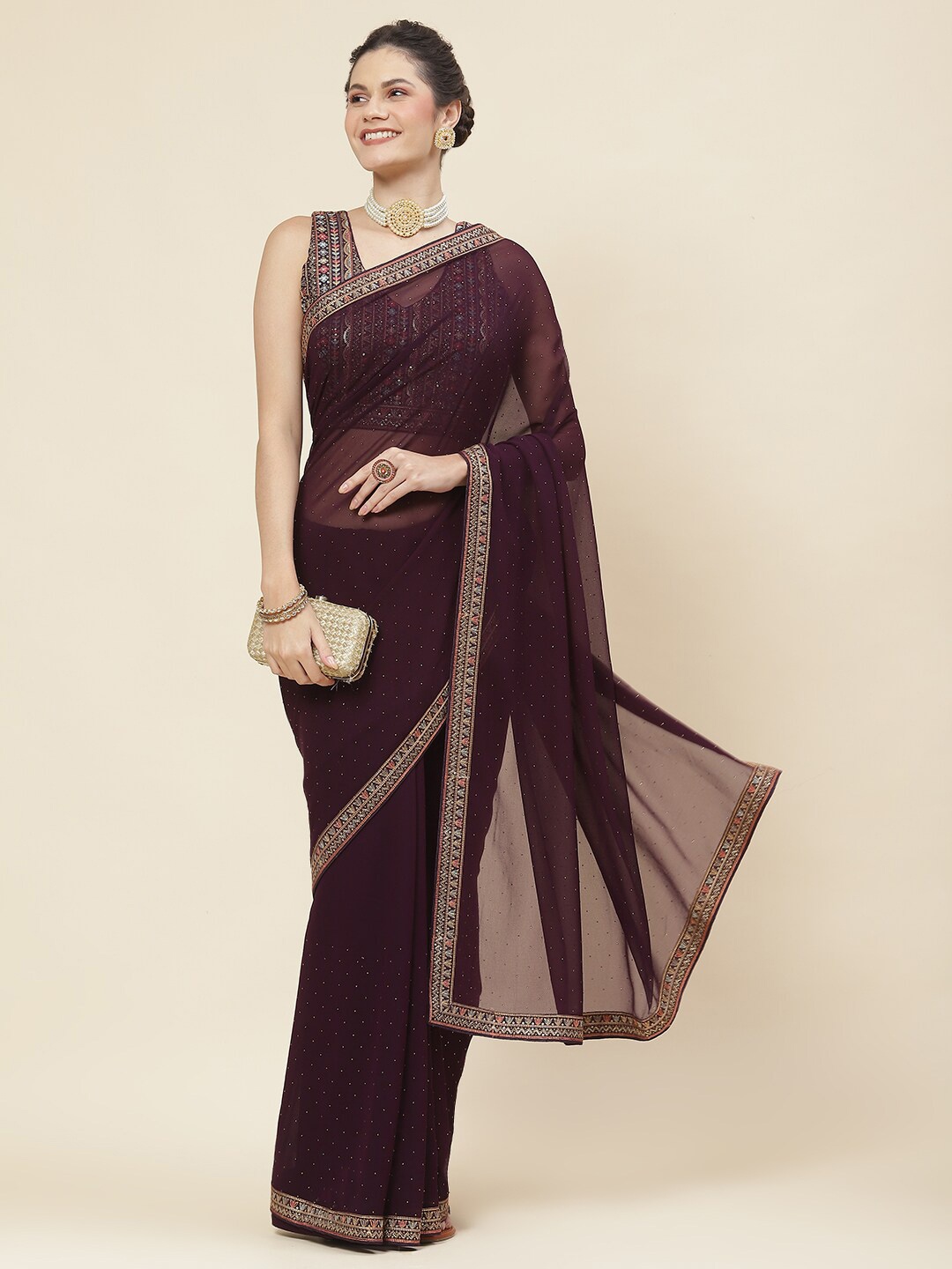 

Meena Bazaar Ethnic Motifs Embellished Saree, Purple