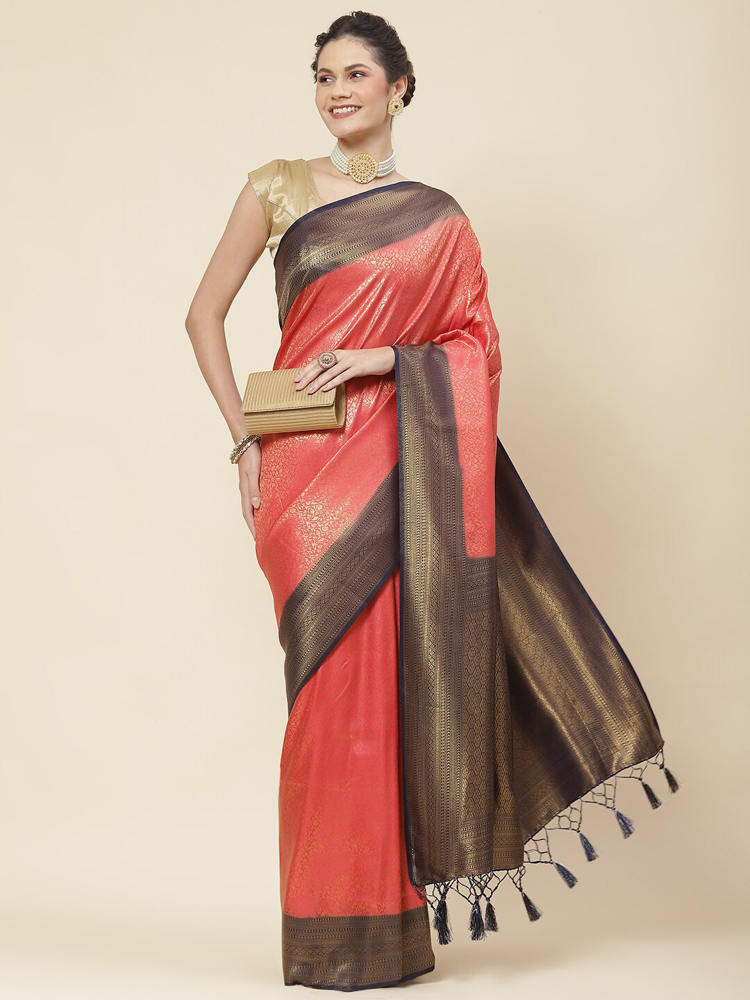 

Meena Bazaar Ethnic Motifs Woven Design Tasseled Zari Art Silk Saree, Pink