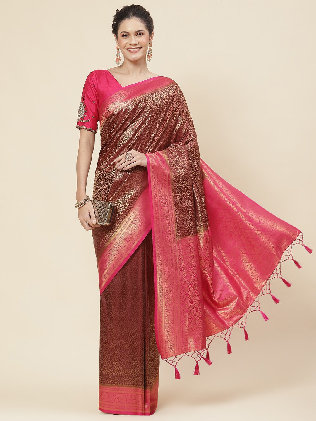 

Meena Bazaar Ethnic Motifs Woven Design Zari Saree, Burgundy