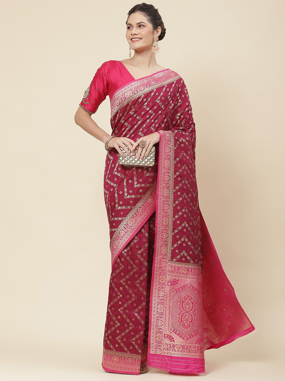 

Meena Bazaar Ethnic Motifs Woven Designed Zari Saree, Burgundy