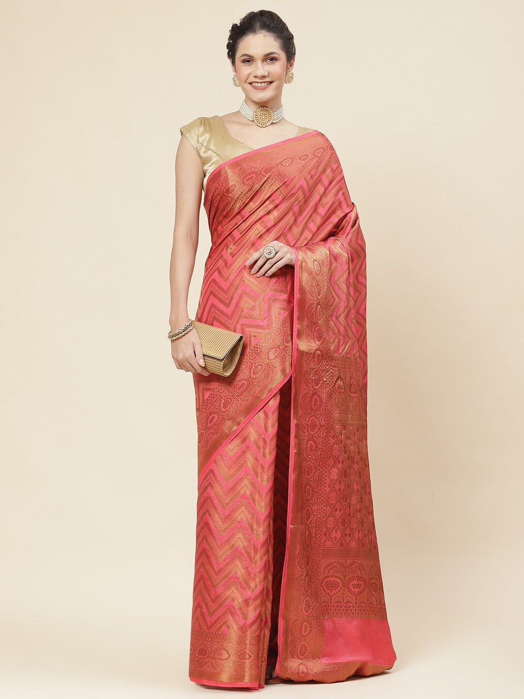 

Meena Bazaar Ethnic Motifs Woven Design Zari Art Silk Saree, Coral