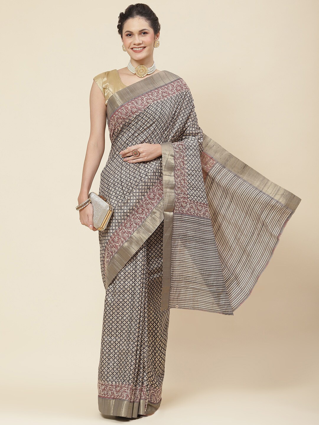 

Meena Bazaar Ethnic Motifs Printed Zari Tussar Saree, Grey