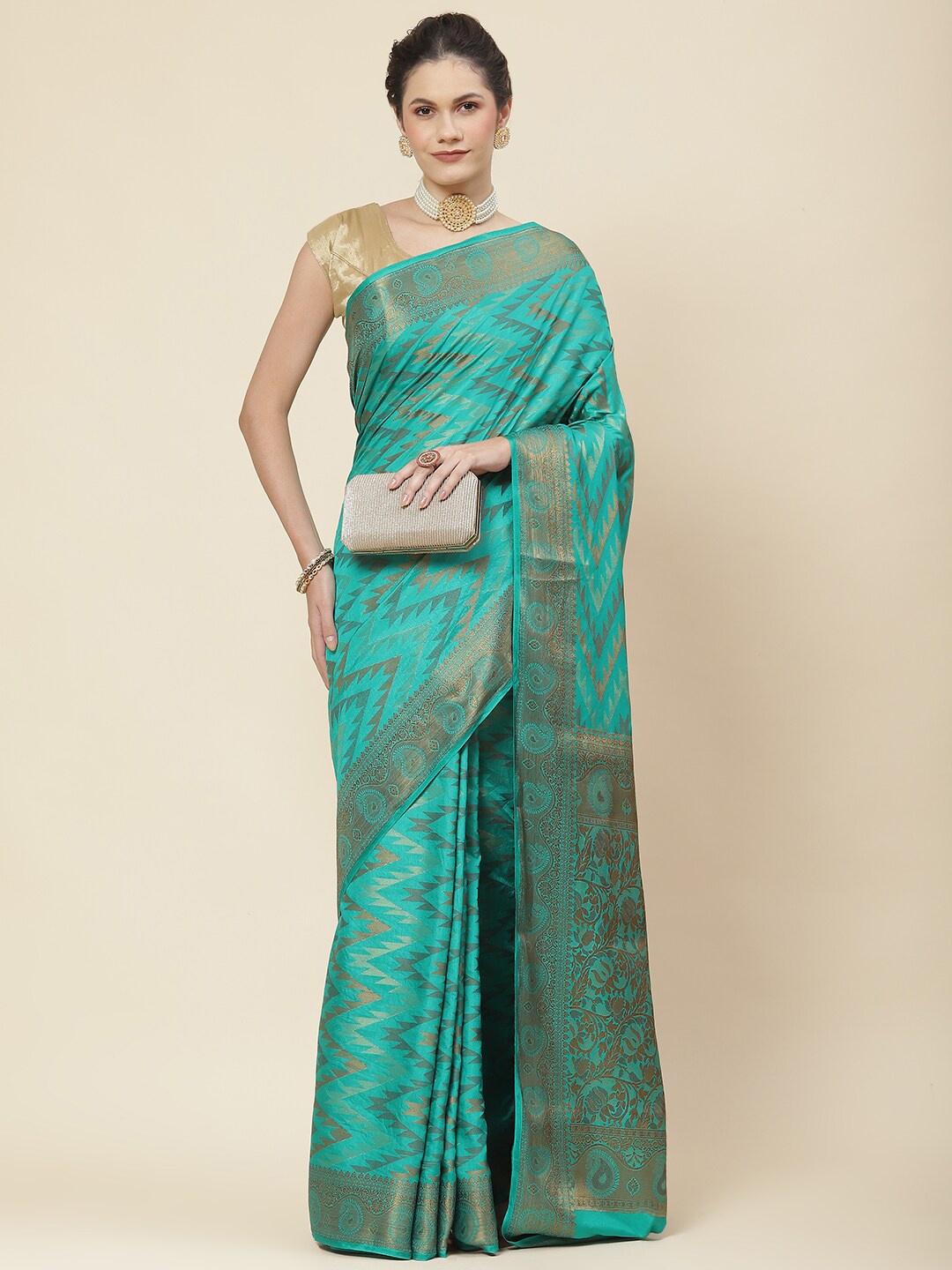 

Meena Bazaar Ethnic Motifs Woven Design Zari Saree, Sea green