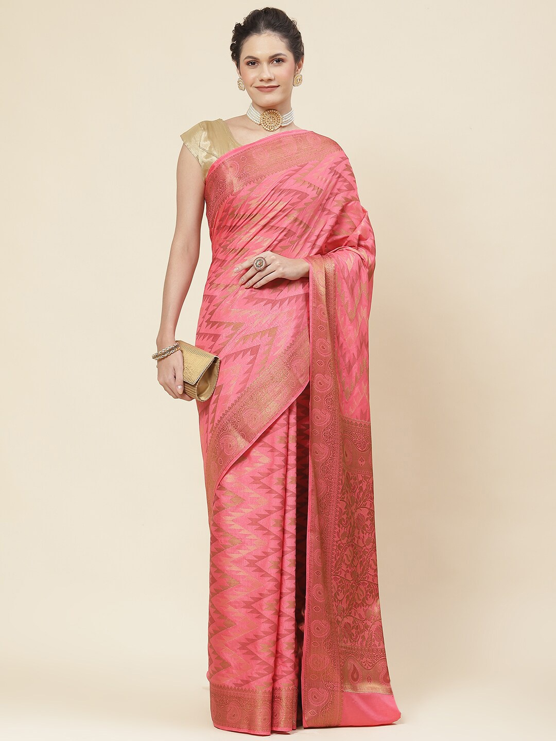 

Meena Bazaar Ethnic Motifs Woven Design Zari Art Silk Saree, Coral