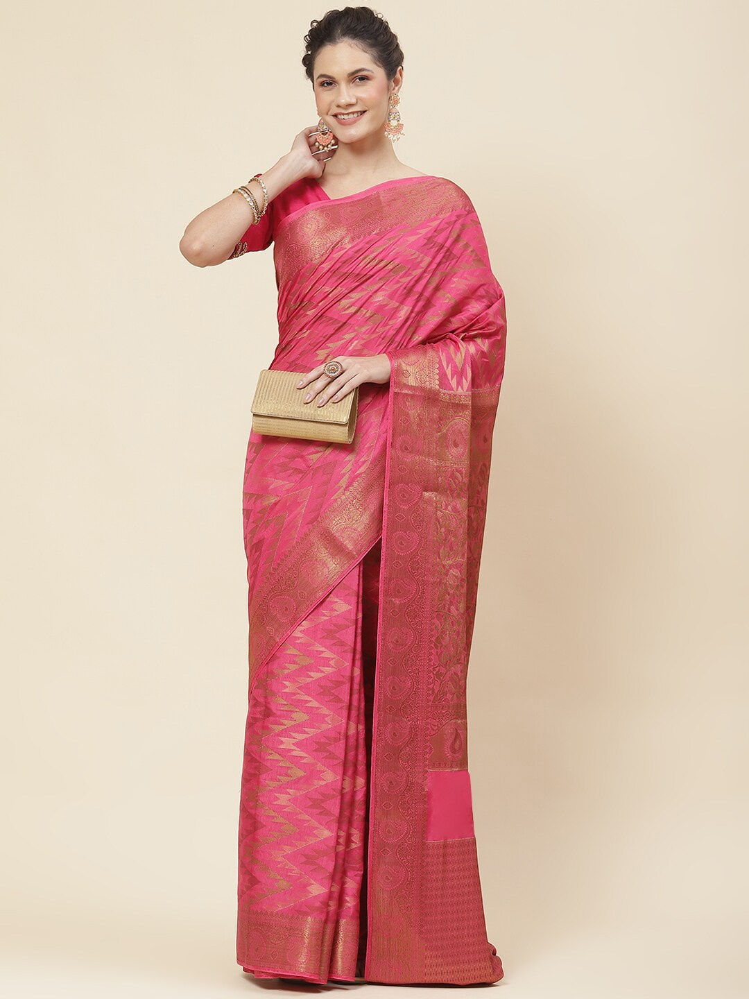 

Meena Bazaar Ethnic Motif Woven Design Saree, Pink