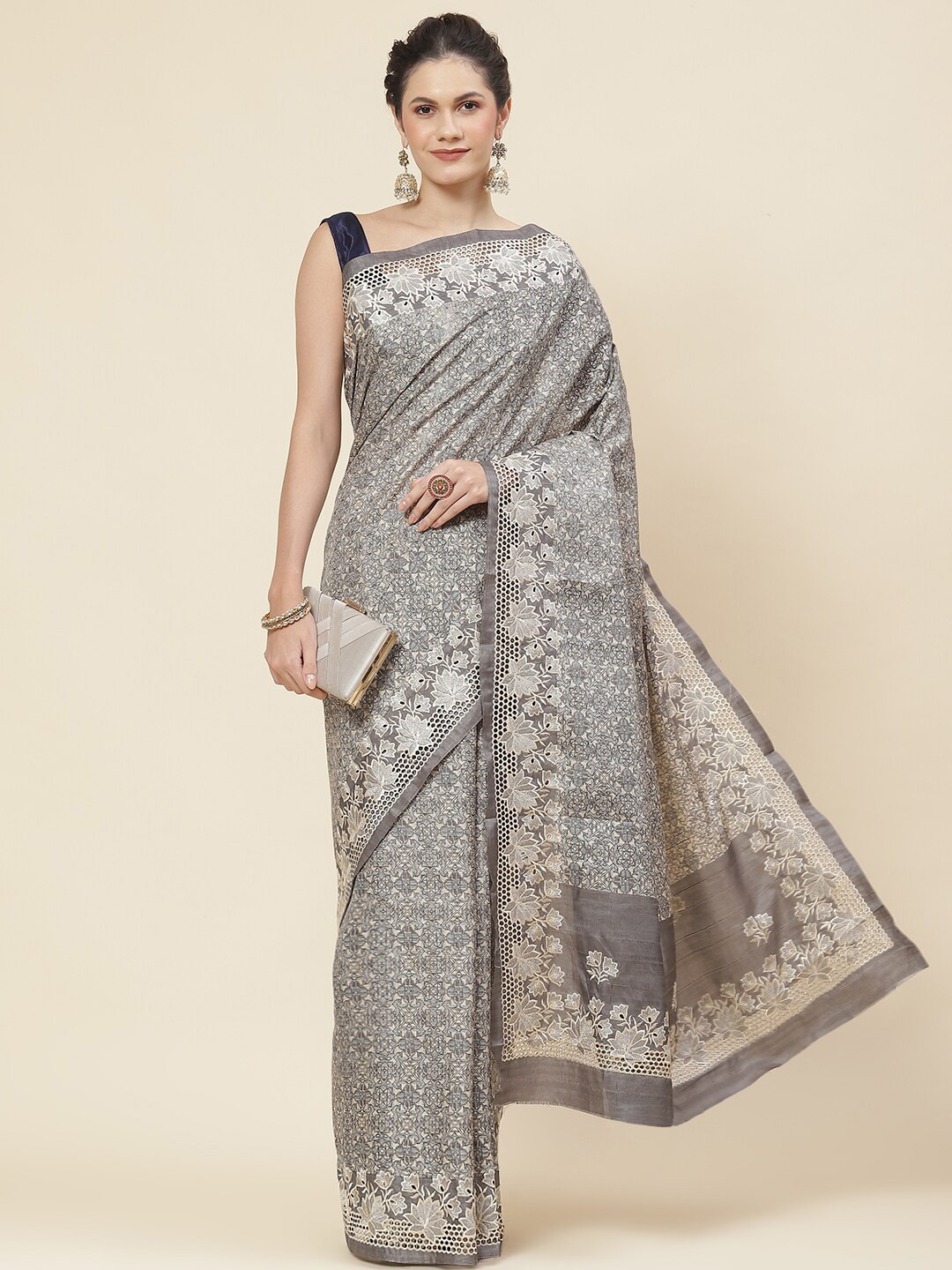 

Meena Bazaar Ethnic Motifs Printed Cut Work Art Silk Tussar Saree, Grey