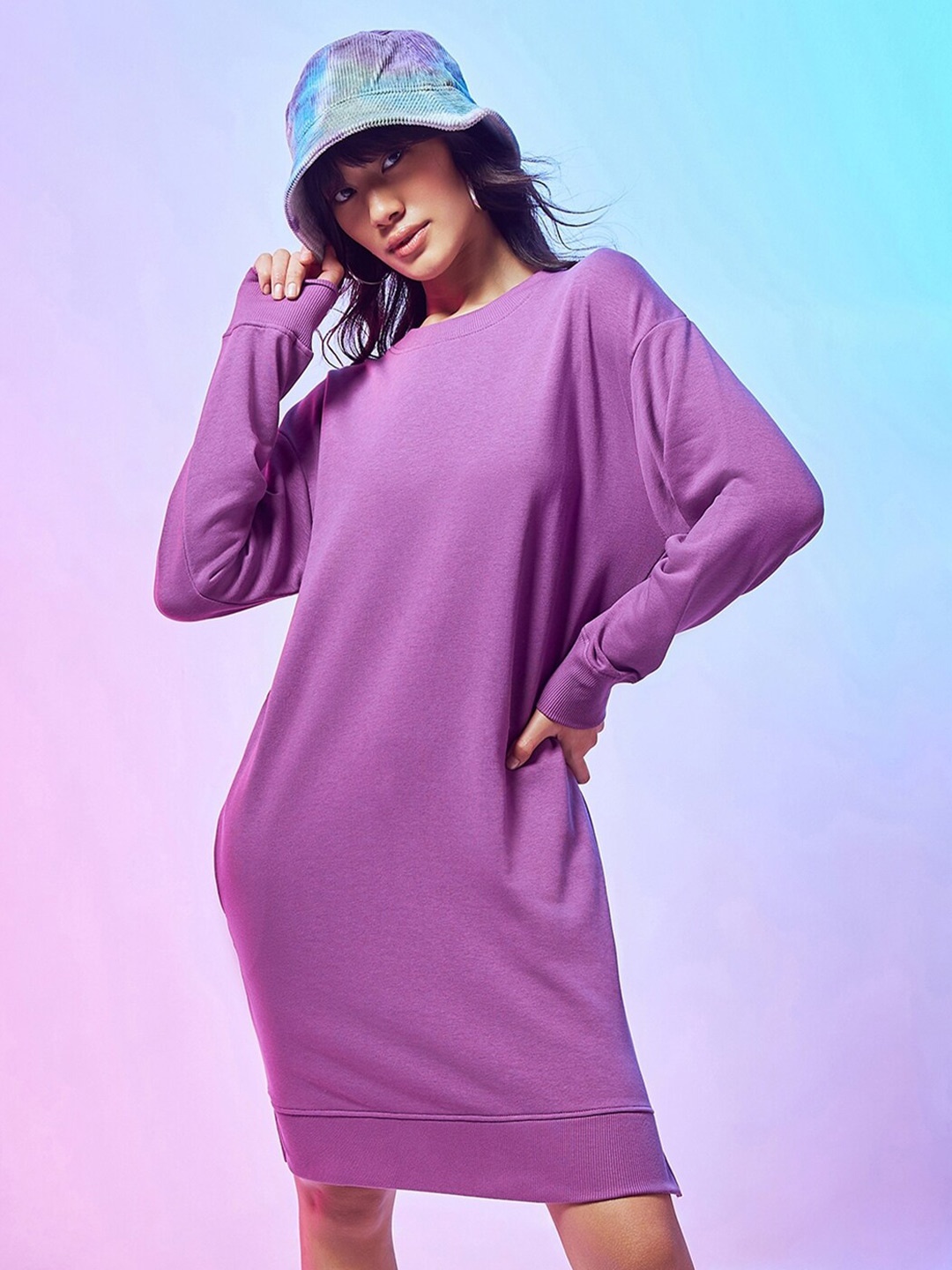 

Bewakoof Women Oversized Sweatshirt Dress, Violet