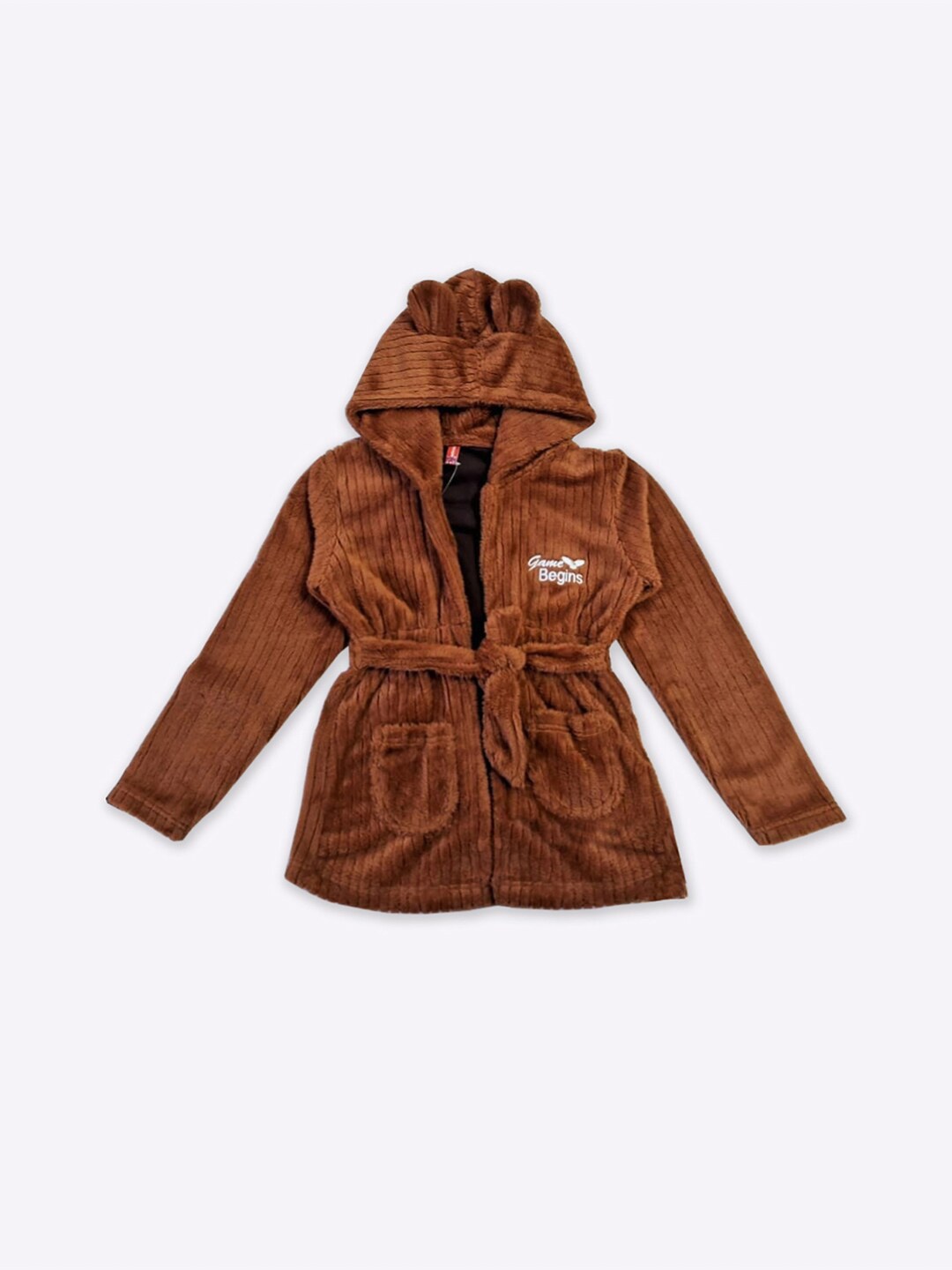 

GAME BEGINS Girls Self Design Hooded Front-Open Sweatshirt, Brown
