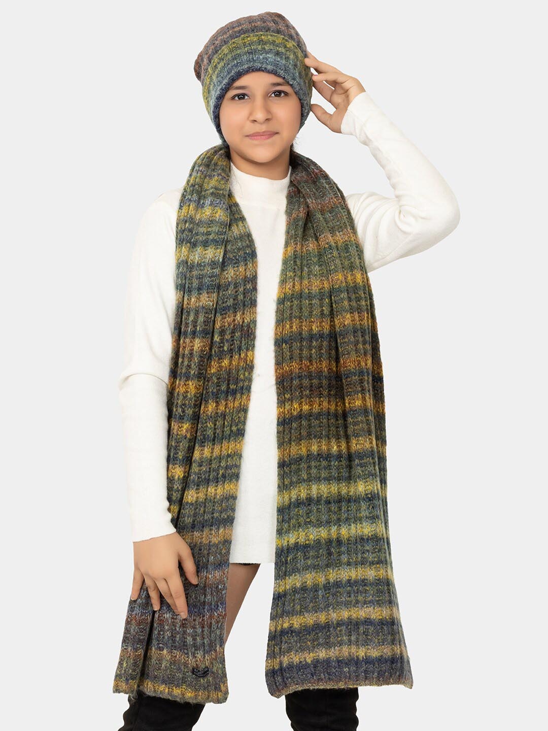 

513 Girls Knitted Self Design Acrylic Beanie Cap and Muffler Set, Yellow