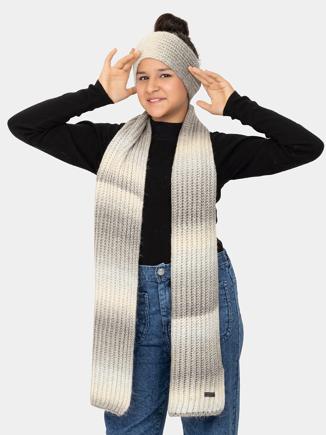 

513 Girls Self Design Ear Warmer Headband With Muffler, Grey