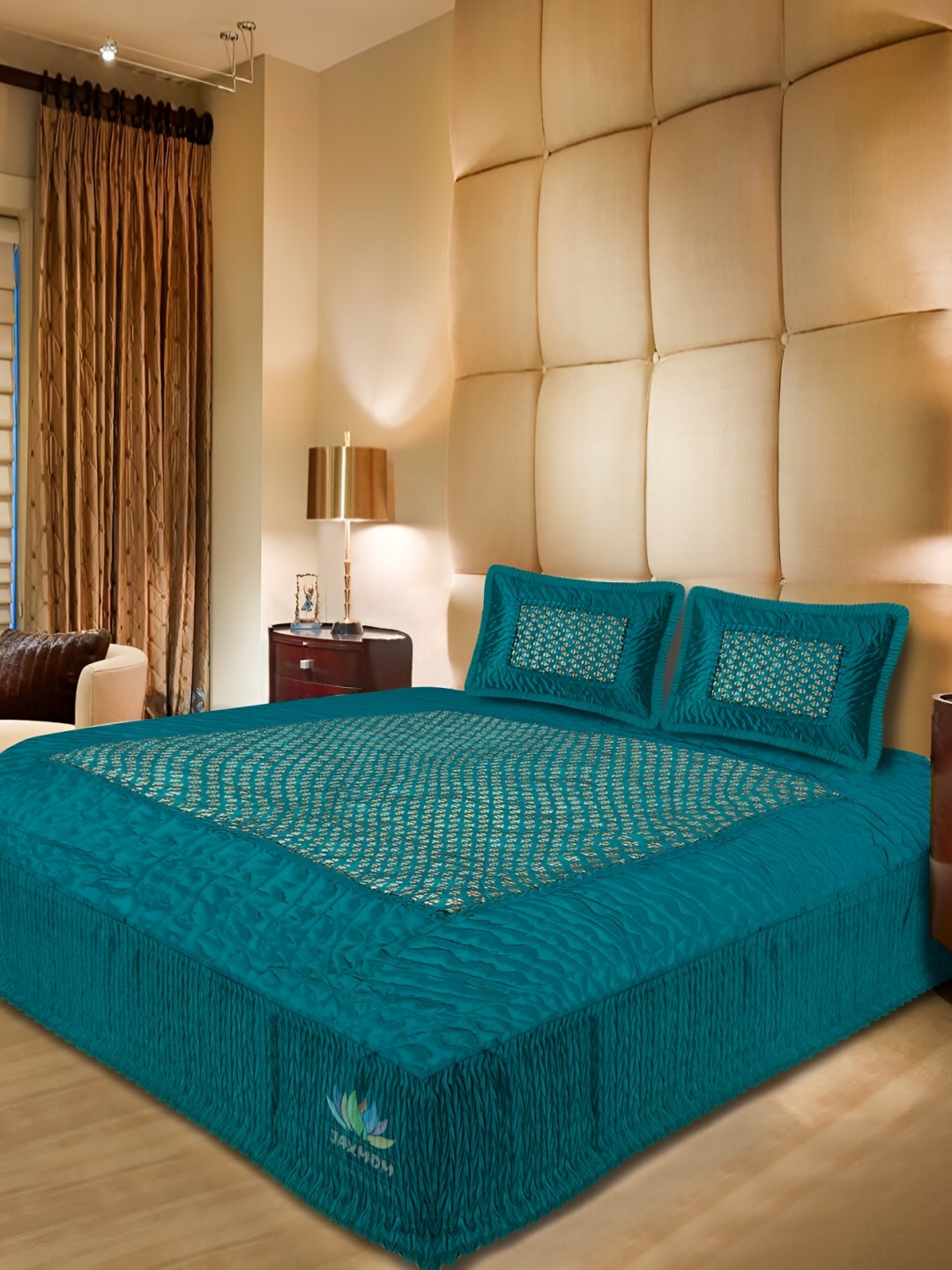 

Jaxmom Teal Green Ethnic Motifs 300 TC King Bedsheet with 2 Pillow Covers