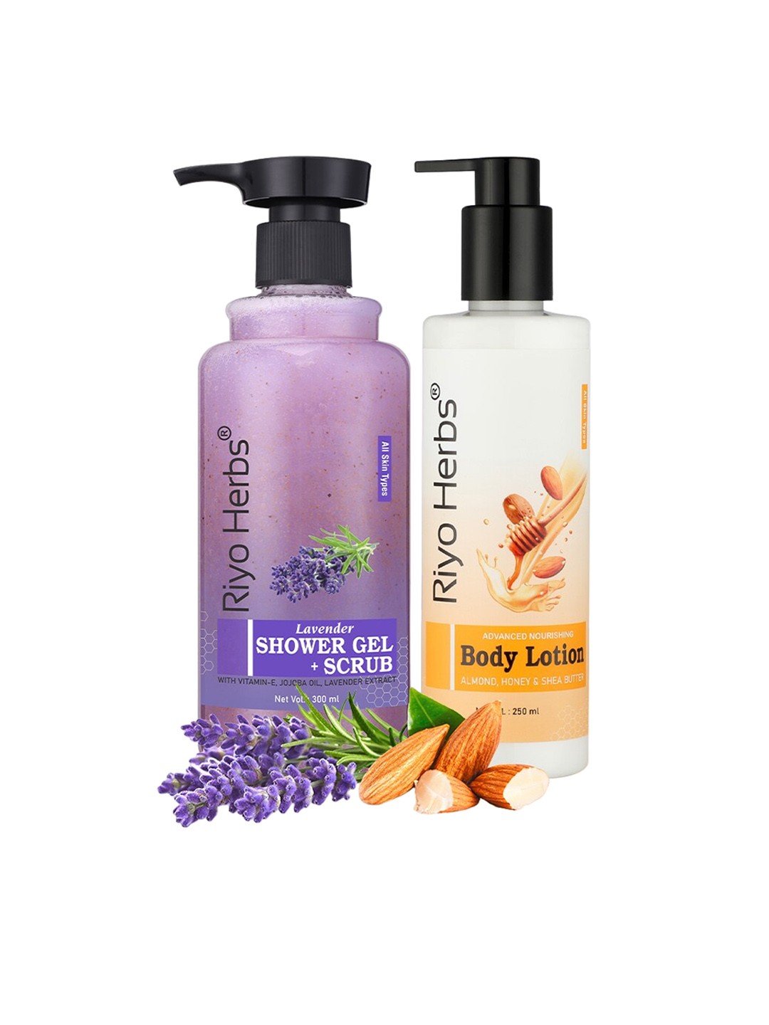 

Riyo Herbs Set Of 2 Lavender ShowerGel & Scrub-300ml-Advanced Nourishing Body Lotion-250ml, White