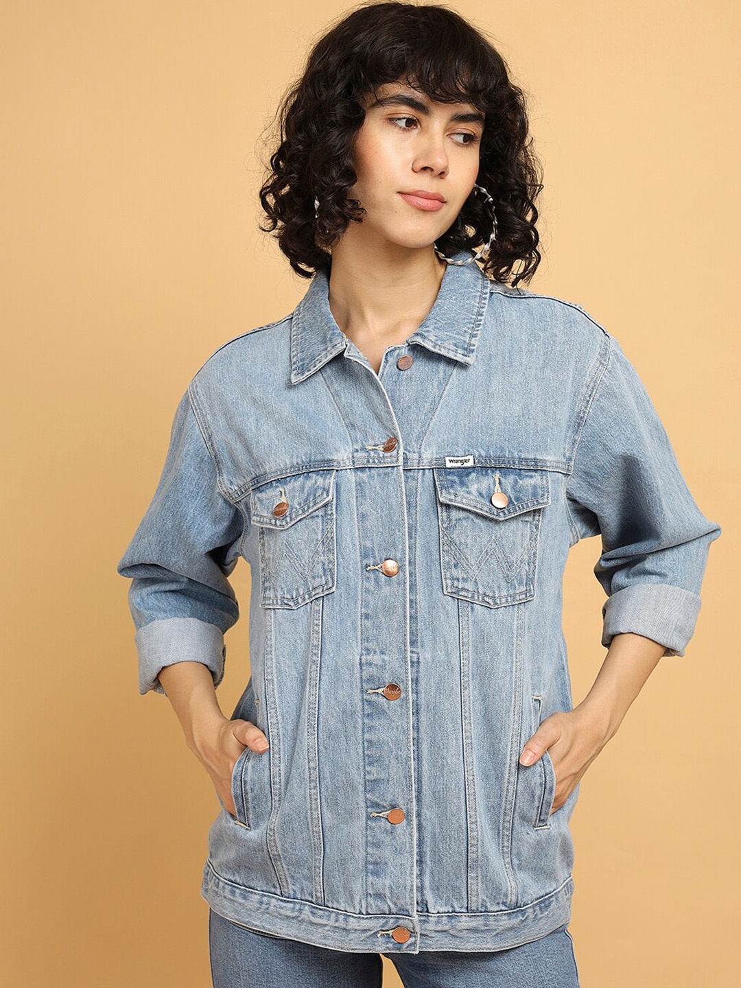 

Wrangler Washed Spread Collar Pure Cotton Denim Jacket, Blue