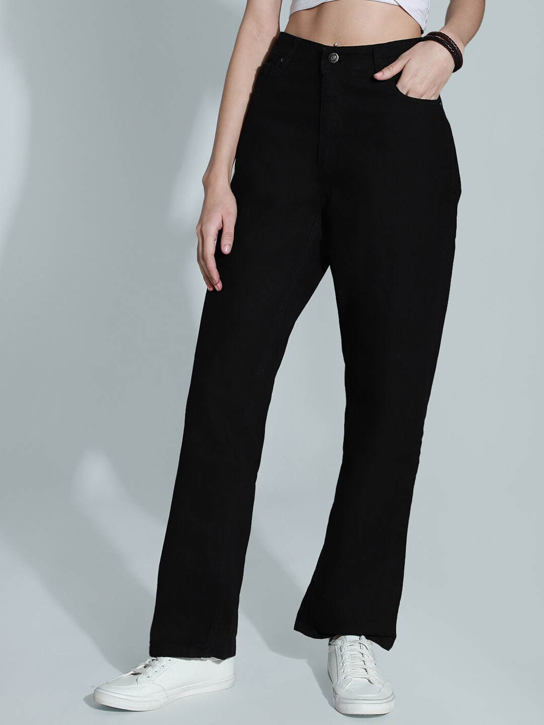 

High Star Women Dad Fit High-Rise Clean Look Stretchable Jeans, Black