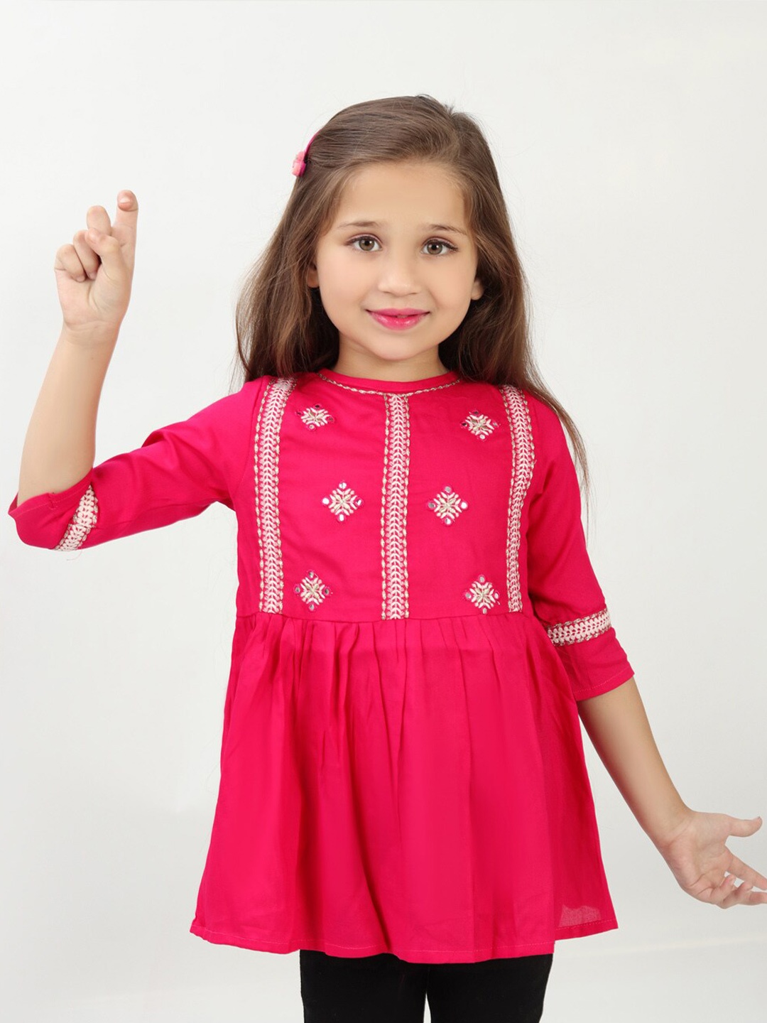 

BAESD Girls Ethnic Motifs Embroidered A-Line Top, Pink