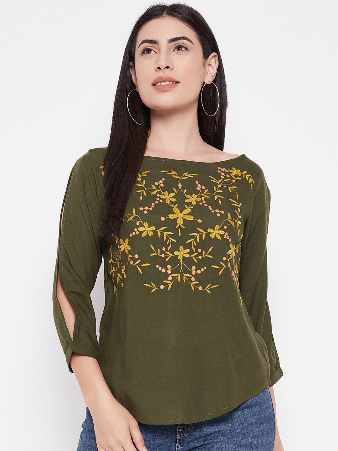 

Ruhaans Floral Embroidered Boat Neck Top, Green